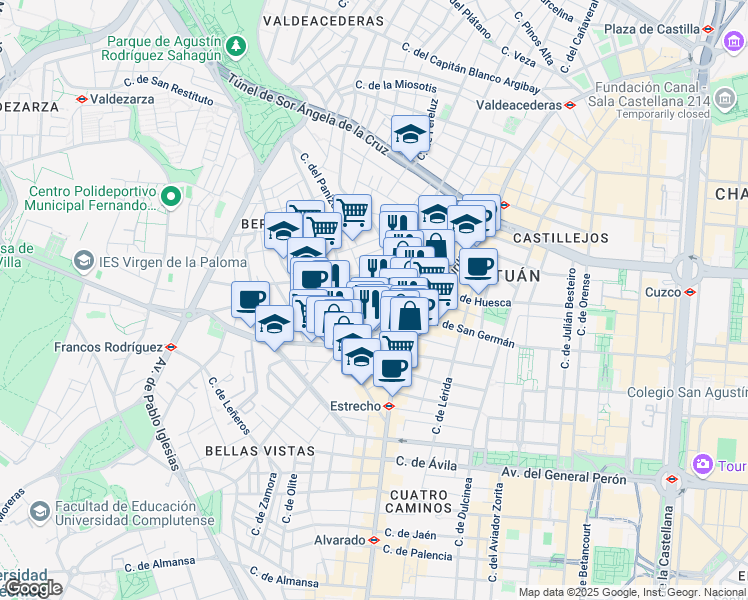 map of restaurants, bars, coffee shops, grocery stores, and more near 11 Calle Juan del Risco in Madrid