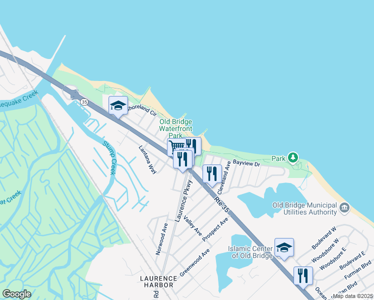 map of restaurants, bars, coffee shops, grocery stores, and more near 278 Shoreland Circle in Old Bridge