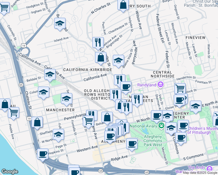 map of restaurants, bars, coffee shops, grocery stores, and more near 1609 Brighton Place in Pittsburgh