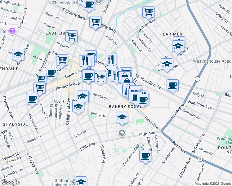 map of restaurants, bars, coffee shops, grocery stores, and more near 100 Denniston Street in Pittsburgh