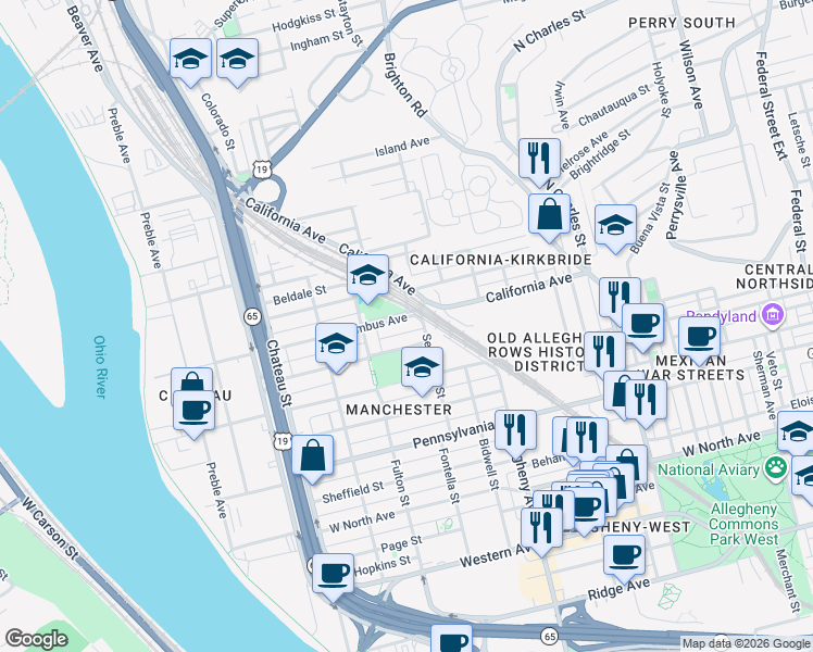 map of restaurants, bars, coffee shops, grocery stores, and more near 1207 Columbus Avenue in Pittsburgh