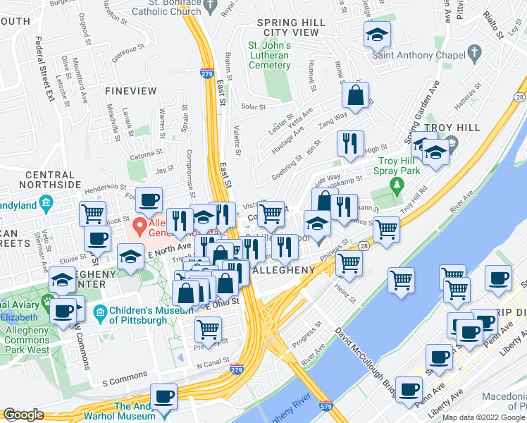 map of restaurants, bars, coffee shops, grocery stores, and more near 838 Concord Street in Pittsburgh