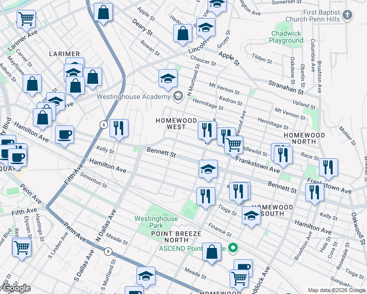 map of restaurants, bars, coffee shops, grocery stores, and more near 7016 Frankstown Avenue in Pittsburgh