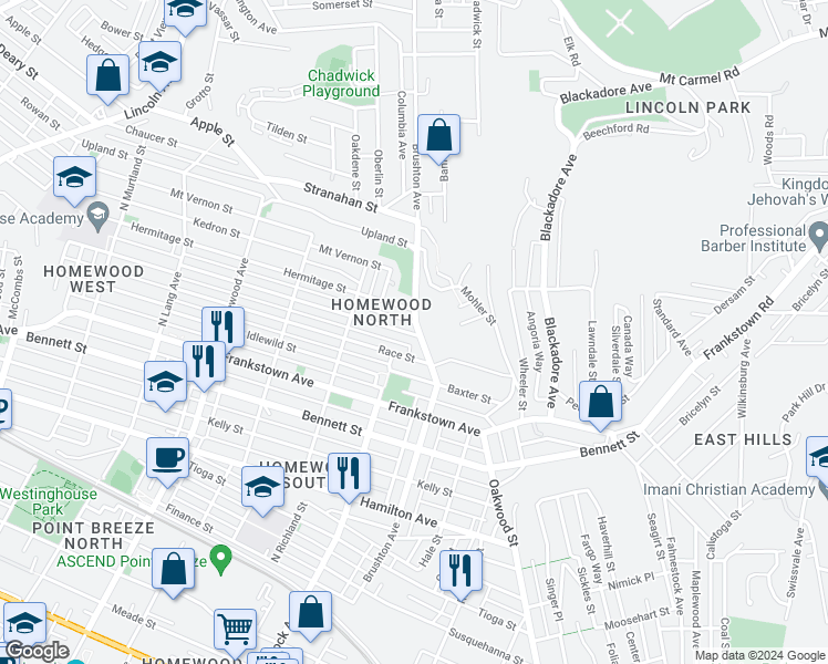 map of restaurants, bars, coffee shops, grocery stores, and more near 1101 Brushton Avenue in Pittsburgh