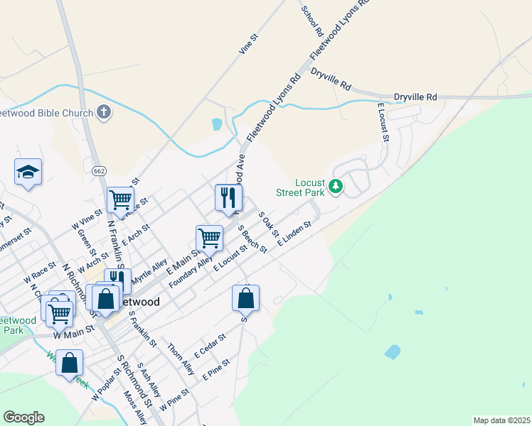 map of restaurants, bars, coffee shops, grocery stores, and more near 500 East Main Street in Fleetwood