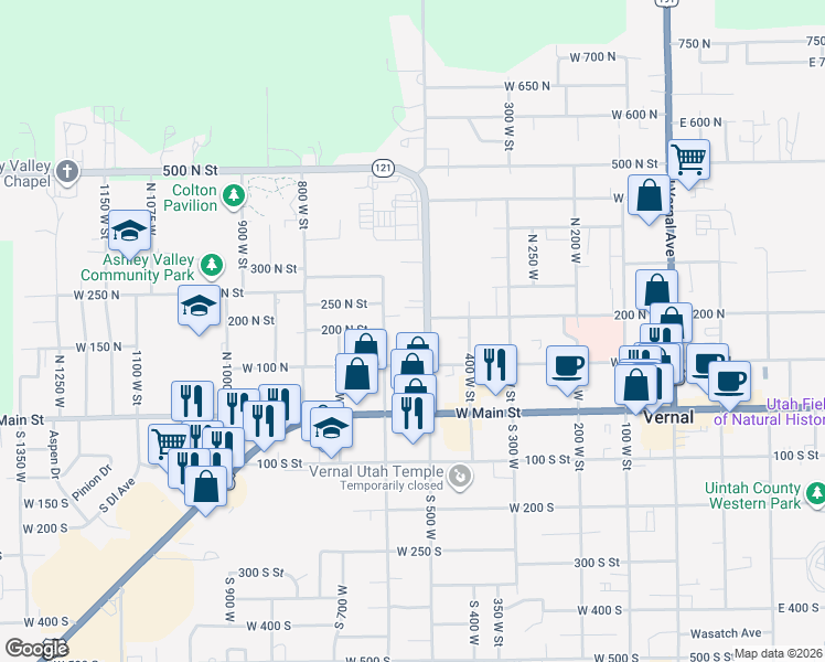 map of restaurants, bars, coffee shops, grocery stores, and more near 163 North 500 West in Vernal