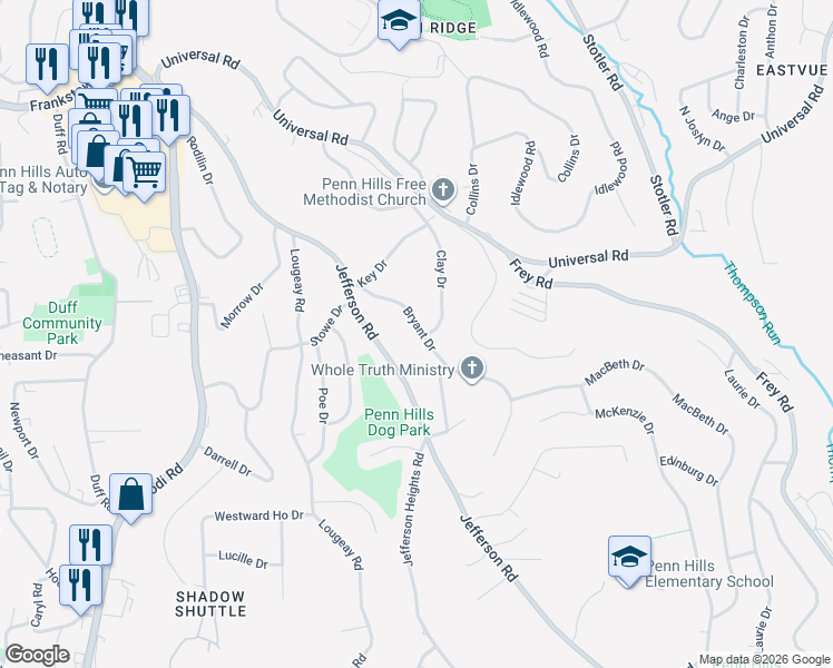 map of restaurants, bars, coffee shops, grocery stores, and more near 164 Bryant Drive in Pittsburgh