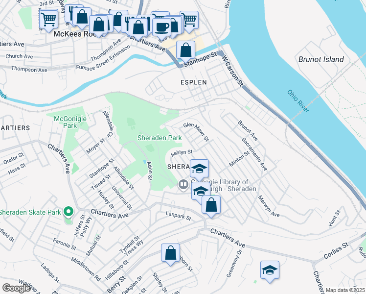 map of restaurants, bars, coffee shops, grocery stores, and more near 3217 Ashlyn Street in Pittsburgh