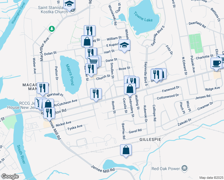 map of restaurants, bars, coffee shops, grocery stores, and more near 12 Albert Street in Sayreville