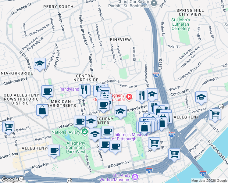 map of restaurants, bars, coffee shops, grocery stores, and more near 1415 Sandusky Street in Pittsburgh
