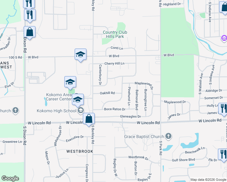 map of restaurants, bars, coffee shops, grocery stores, and more near 1616 Oakhill Rd in Kokomo