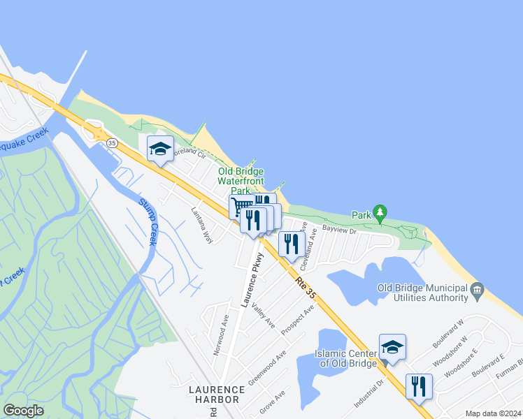 map of restaurants, bars, coffee shops, grocery stores, and more near 278 Shoreland Circle in Old Bridge