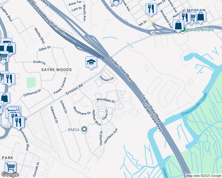 map of restaurants, bars, coffee shops, grocery stores, and more near 2007 Ridgeview Court in Sayreville