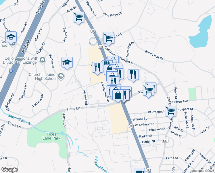 map of restaurants, bars, coffee shops, grocery stores, and more near 411 Meade Court in East Brunswick