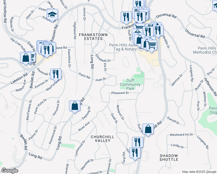 map of restaurants, bars, coffee shops, grocery stores, and more near 11835 Joan Drive in Pittsburgh