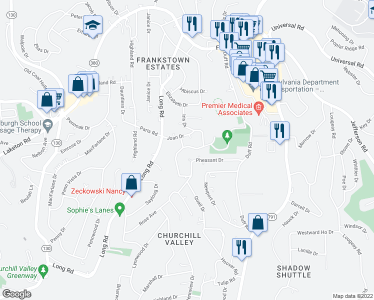 map of restaurants, bars, coffee shops, grocery stores, and more near 11835 Joan Drive in Pittsburgh