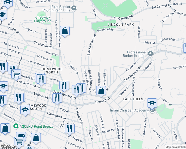 map of restaurants, bars, coffee shops, grocery stores, and more near 1054 Blackadore Avenue in Pittsburgh