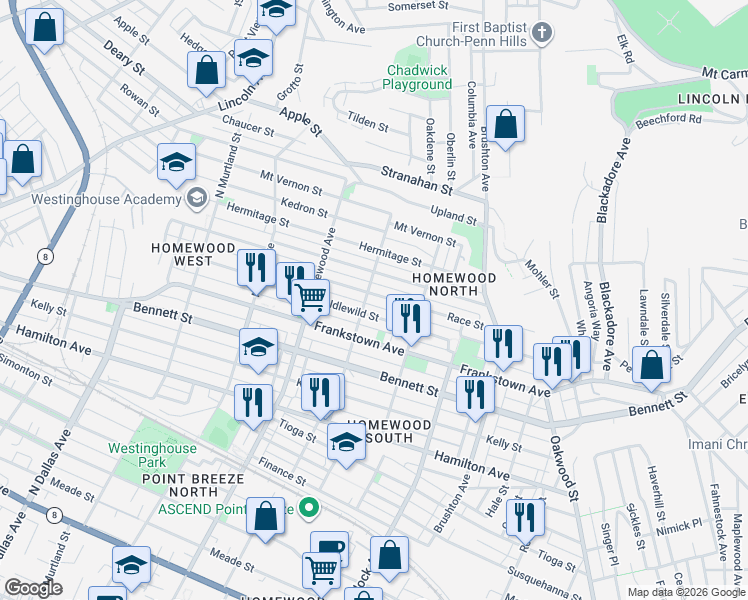 map of restaurants, bars, coffee shops, grocery stores, and more near 7310 Race Street in Pittsburgh