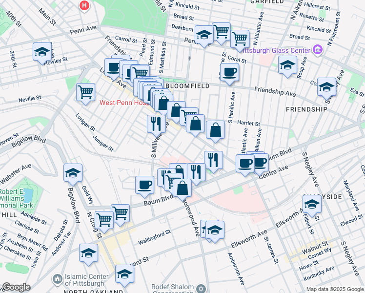 map of restaurants, bars, coffee shops, grocery stores, and more near 5013 Cypress Street in Pittsburgh