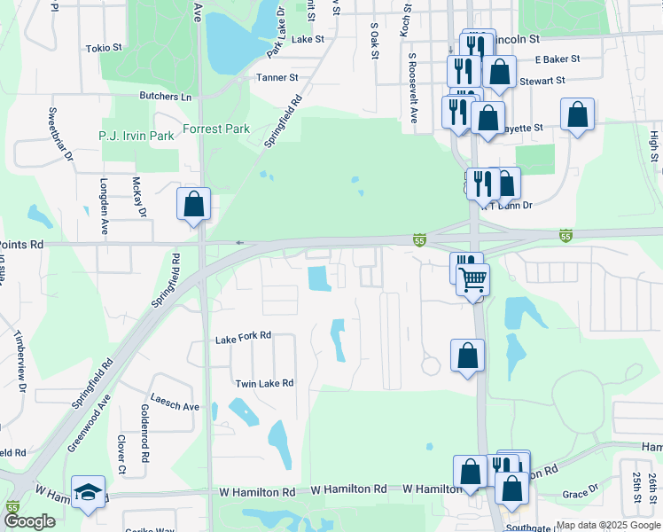 map of restaurants, bars, coffee shops, grocery stores, and more near 108 Greenwood Avenue in Bloomington