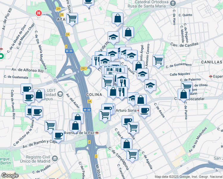 map of restaurants, bars, coffee shops, grocery stores, and more near 350 Calle de López de Hoyos in Madrid