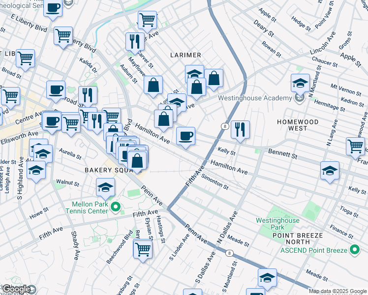 map of restaurants, bars, coffee shops, grocery stores, and more near 107 Torrens Street in Pittsburgh