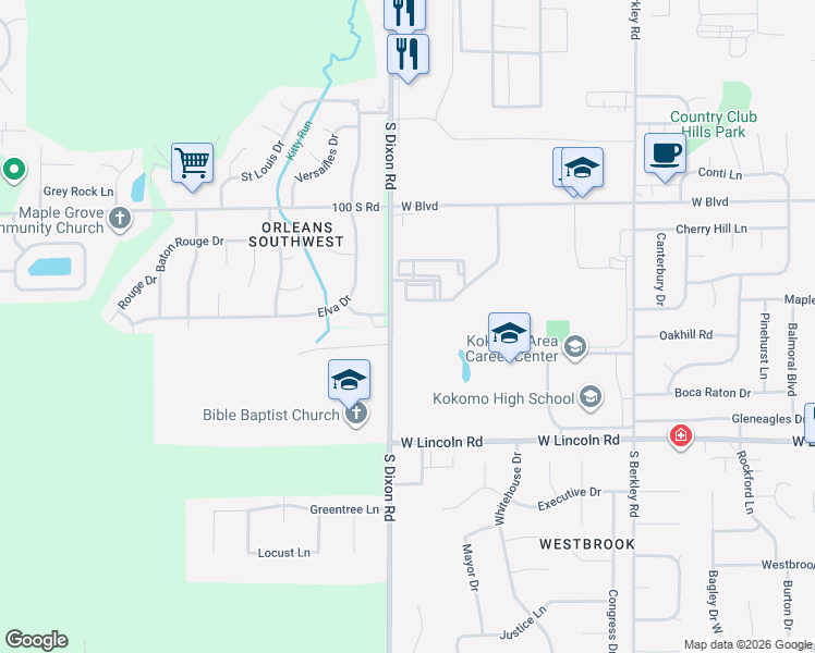 map of restaurants, bars, coffee shops, grocery stores, and more near South Dixon Road in Kokomo
