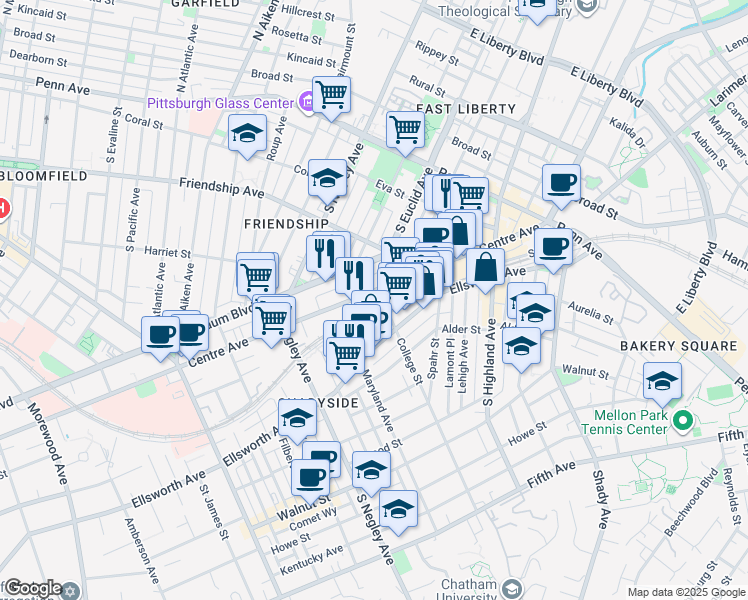 map of restaurants, bars, coffee shops, grocery stores, and more near 5850 Centre Avenue in Pittsburgh