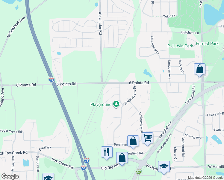 map of restaurants, bars, coffee shops, grocery stores, and more near 20 Cedar Court in Bloomington