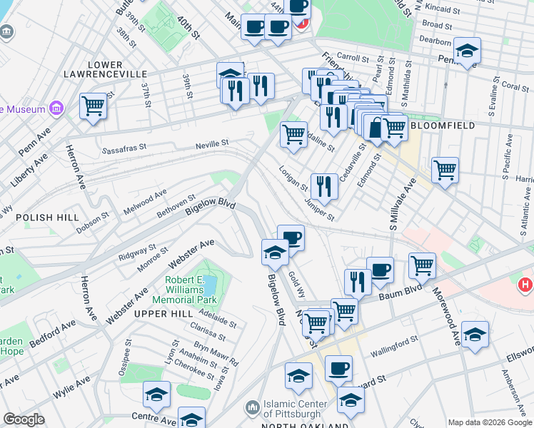 map of restaurants, bars, coffee shops, grocery stores, and more near 610 Melwood Avenue in Pittsburgh