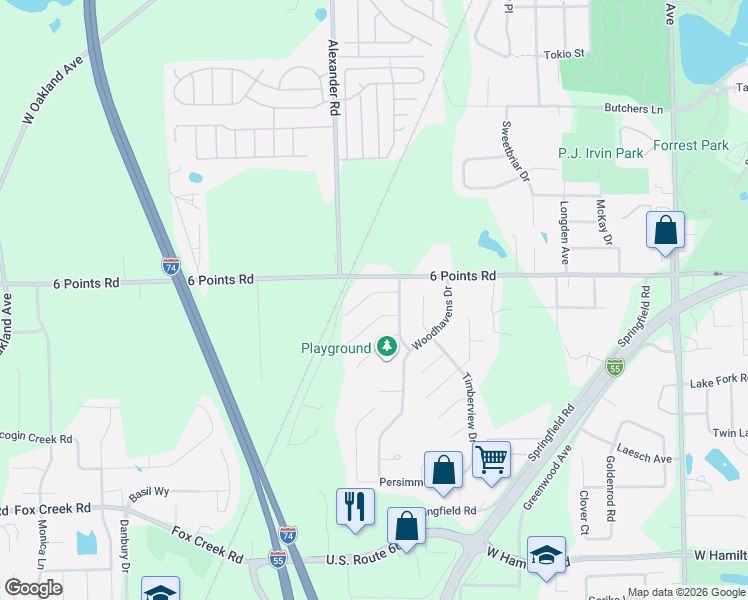 map of restaurants, bars, coffee shops, grocery stores, and more near 20 Cedar Court in Bloomington