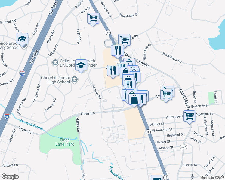 map of restaurants, bars, coffee shops, grocery stores, and more near 225 Blew Court in East Brunswick