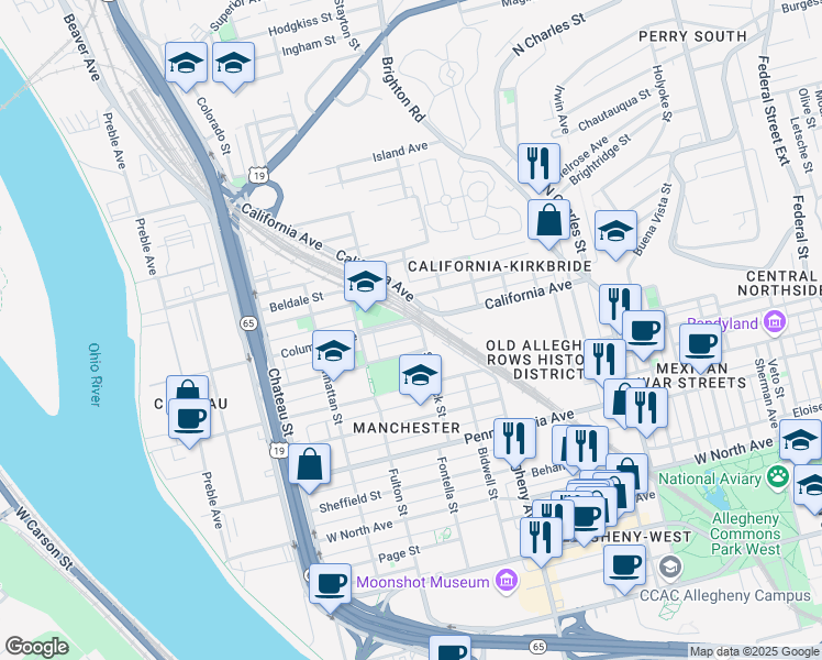map of restaurants, bars, coffee shops, grocery stores, and more near 1207 Columbus Avenue in Pittsburgh