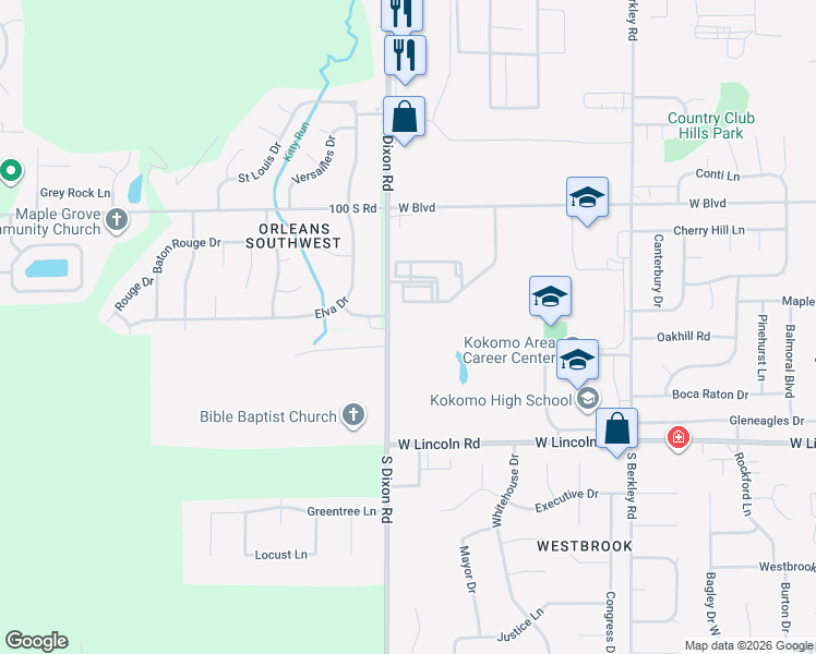 map of restaurants, bars, coffee shops, grocery stores, and more near South Dixon Road in Kokomo