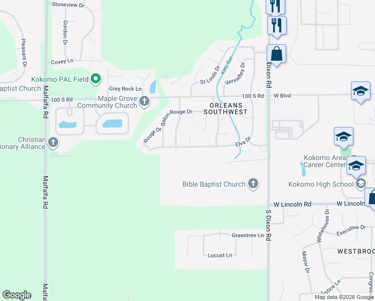 map of restaurants, bars, coffee shops, grocery stores, and more near 2909 Elva Drive in Kokomo