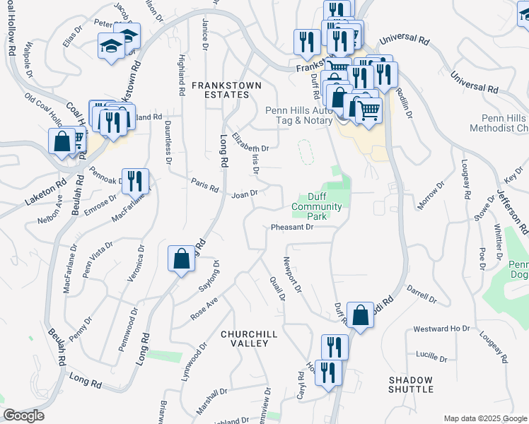 map of restaurants, bars, coffee shops, grocery stores, and more near 11835 Joan Drive in Pittsburgh