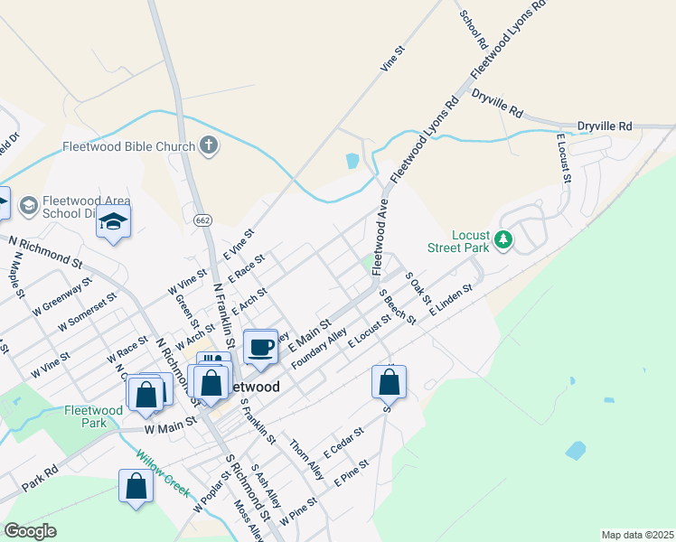 map of restaurants, bars, coffee shops, grocery stores, and more near 303 East Washington Street in Fleetwood