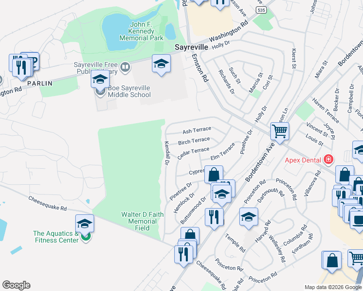 map of restaurants, bars, coffee shops, grocery stores, and more near 36 Birch Terrace in Sayreville