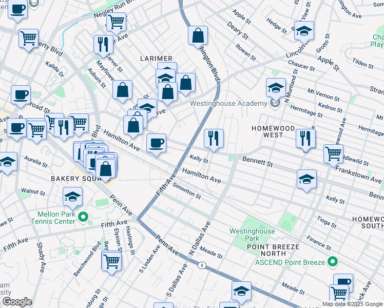 map of restaurants, bars, coffee shops, grocery stores, and more near 6713 Kelly Street in Pittsburgh