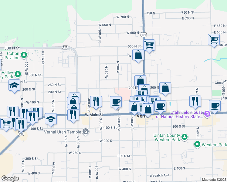 map of restaurants, bars, coffee shops, grocery stores, and more near 231 West 200 North in Vernal