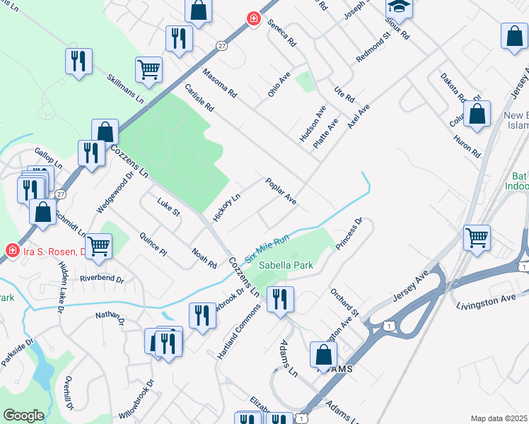 map of restaurants, bars, coffee shops, grocery stores, and more near 8 Hemlock Lane in North Brunswick Township