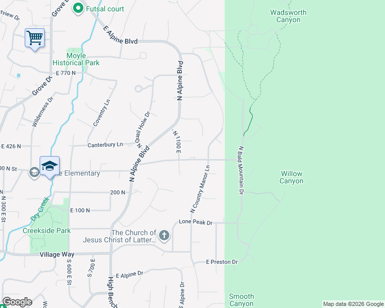 map of restaurants, bars, coffee shops, grocery stores, and more near 1171 East 300 North Street in Alpine