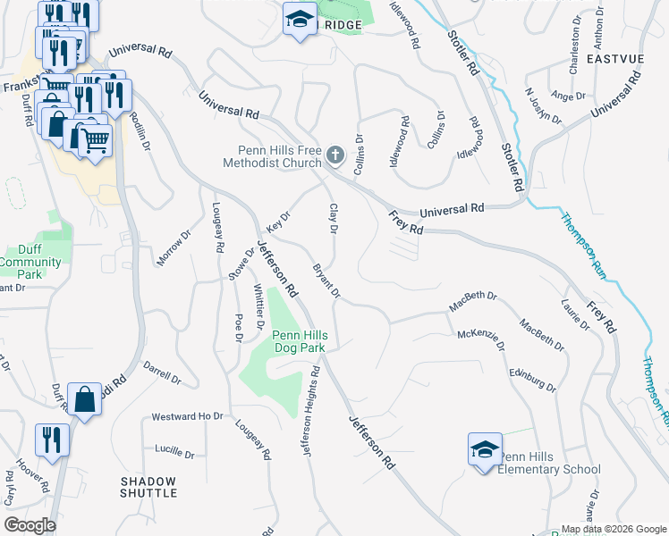 map of restaurants, bars, coffee shops, grocery stores, and more near 108 Clay Drive in Pittsburgh