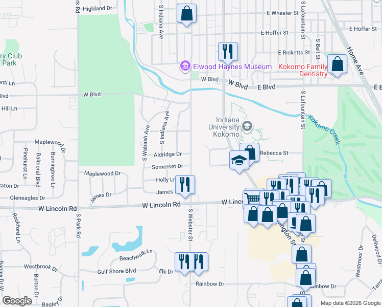 map of restaurants, bars, coffee shops, grocery stores, and more near South Webster Street in Kokomo