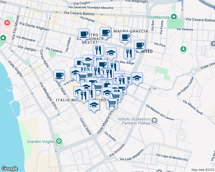 map of restaurants, bars, coffee shops, grocery stores, and more near 7 Via Dalmazia in Taranto