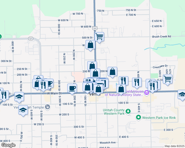 map of restaurants, bars, coffee shops, grocery stores, and more near 160 North Vernal Avenue in Vernal