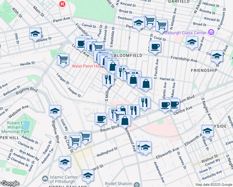 map of restaurants, bars, coffee shops, grocery stores, and more near Gross St & Cypress St in Pittsburgh