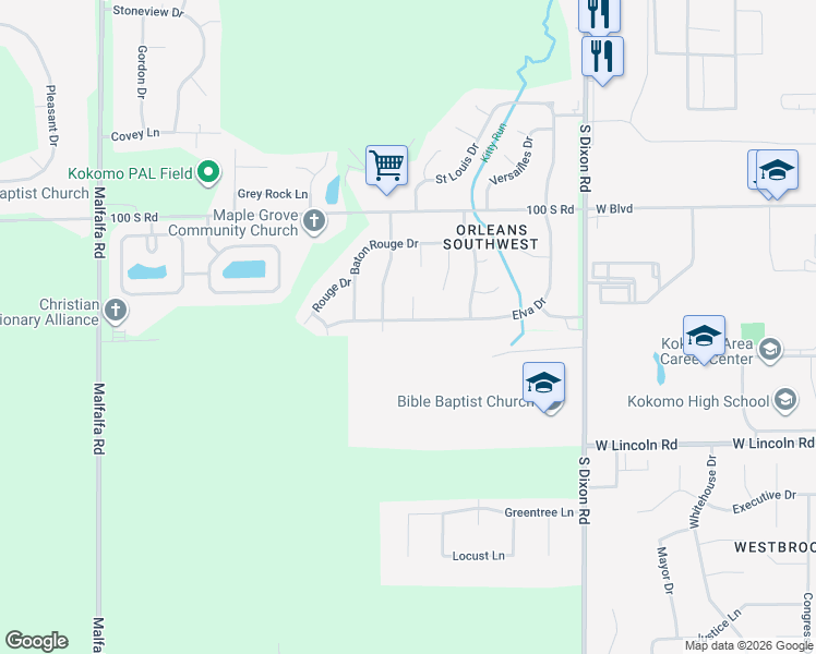 map of restaurants, bars, coffee shops, grocery stores, and more near 2909 Elva Drive in Kokomo