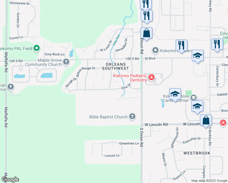 map of restaurants, bars, coffee shops, grocery stores, and more near 2607 Elva Drive in Kokomo