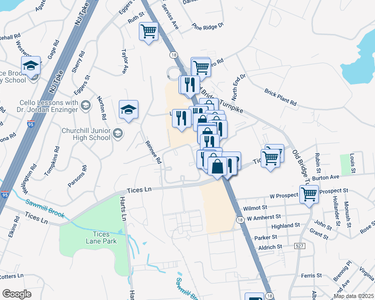 map of restaurants, bars, coffee shops, grocery stores, and more near 225 Blew Court in East Brunswick